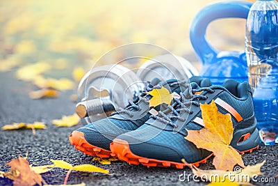 Pair of blue sport shoes water and dumbbells laid on a path in a tree autumn alley with maple leaves - accessories for run exerc Stock Photo