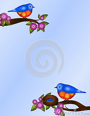 Pair of Bluebirds and Nest Stationery Design Stock Photo