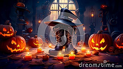 Pair of boots with witches hat sitting on top of pile of pumpkins. Generative AI Stock Photo