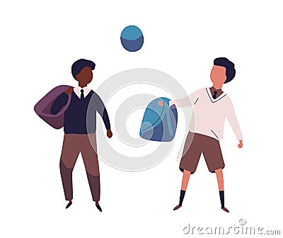 Pair of boys dressed in school uniform playing football. Students, pupils, classmates or schoolfellows kicking ball Vector Illustration