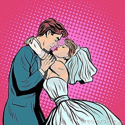 Pair of bride and groom first kiss Vector Illustration