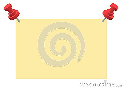 A pair of bright red thumbtack pins pinning a piece of beige light yellow blank paper white backdrop Cartoon Illustration