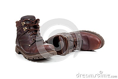 A pair of Brown leather hiking boots on white Stock Photo