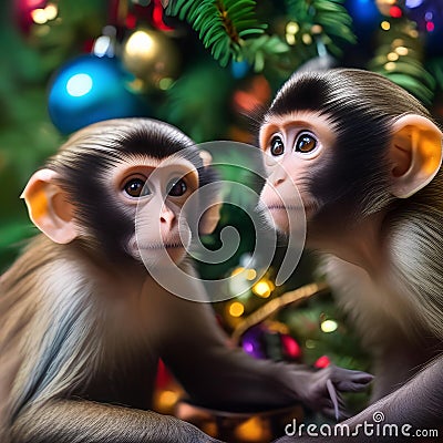A pair of capuchin monkeys decorating a Christmas tree with colorful ornaments5 Stock Photo