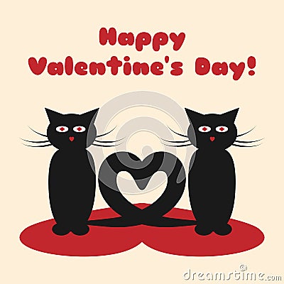 A pair of cats with their tails in the form of heart. Text Happy Valentine`s Day! Vector Illustration