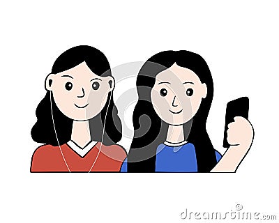 A pair of character avatars. Teenagers spending time together. Girlfriends taking photos of selves on a mobile phone. Vector Vector Illustration