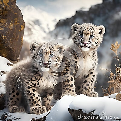Pair of cheetah cubs sitting on snow looking at camera Stock Photo