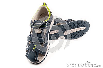 A pair of children`s blue green sandals with velcro fasteners Stock Photo