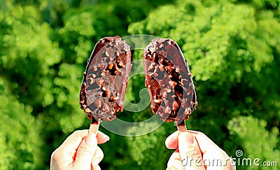 Pair of Chocolate Dipped Ice Cream Bars in Couple`s Hands with Blurry Sunny Garden in Background Stock Photo