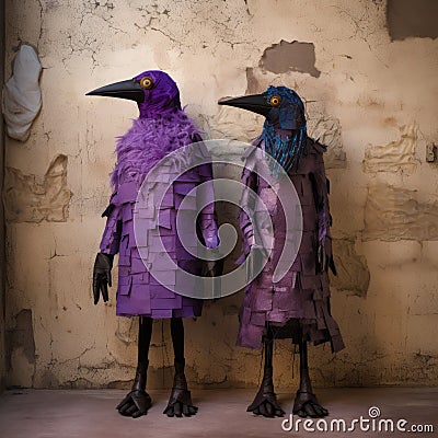 Inventive Character Designs: Two Birds Dressed Up In Purple Stock Photo