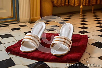 a pair of classic hotel slippers on a luxurious bath mat Stock Photo