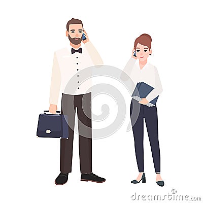 Pair of clerks dressed in business clothes standing and talking on phone. Busy male and female office workers isolated Vector Illustration