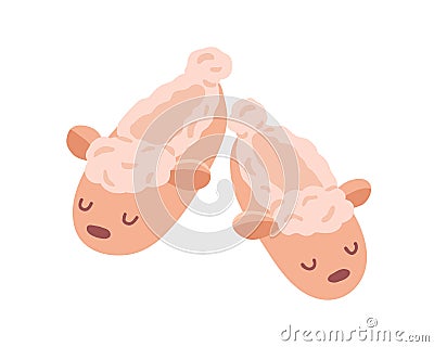Pair of closed winter slippers isolated on white background. Cozy fluffy home shoes with cute sheep. Comfy footwear Vector Illustration