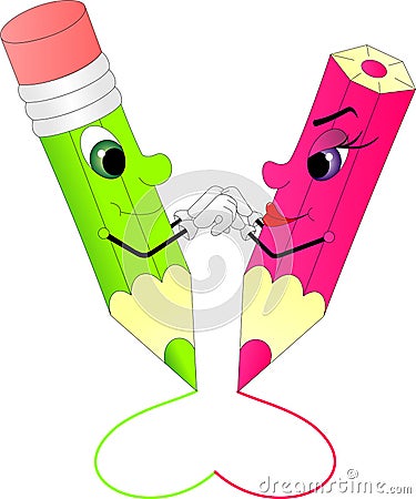 A pair of colored pencils draw a heart Vector Illustration