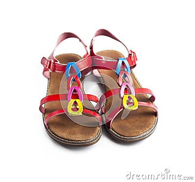 Pair of colorful female sandals on white background Stock Photo