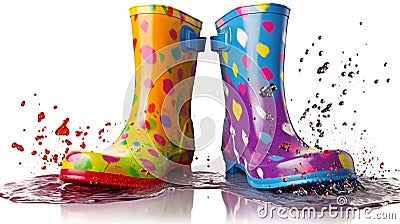 pair of colorful gumboots wellington boots on white background Stock Photo