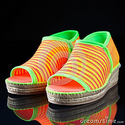 Pair of colorful rubber slippers on black background with reflection Cartoon Illustration