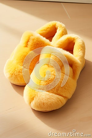 A pair of comfortable furry slippers in the morning. Stock Photo