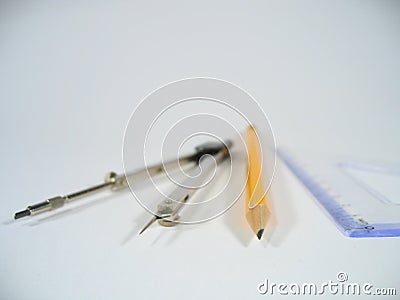 Pair of Compasses, Pencil and Ruler Stock Photo