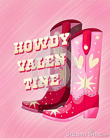 A pair of cowboy boots decorated with hearts and stars and a hand lettering message Howdy Valentine. Cartoon Illustration