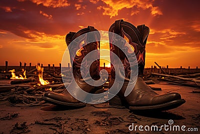 a pair of cowboy boots outlined against a fiery sunset Stock Photo