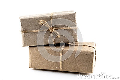 Pair craft gift box dark brown natural material on a white background Stock Photo