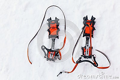 Pair of crampons with spikes for mountaineering Stock Photo