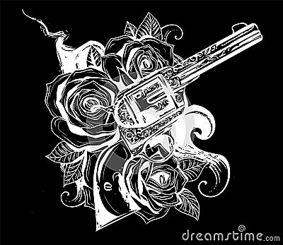 Guns and rose flowers drawn in tattoo style. Vector illustration. Vector Illustration