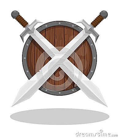 Pair of crossed knight swords against background of wooden Scandinavian shield. Ancient viking weapon. Cartoon vector isolated on Vector Illustration