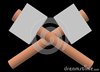 A pair of crossing 3D stone hammer tools with wooden shafts black backdrop Cartoon Illustration