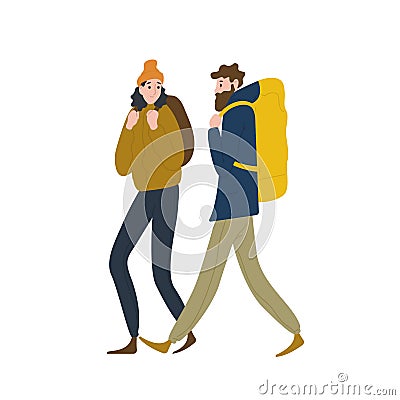 Pair of cute backpackers walking together. Boyfriend and girlfriend hiking or backpacking in nature. Male and female Vector Illustration