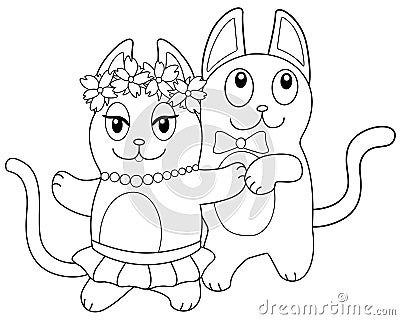 A pair of cute dancing cats - vector linear picture for coloring. Funny cat and his girlfriend are dancing. On the cat there are b Vector Illustration