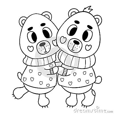 Pair cute in love hugging bears in romantic sweaters. Vector illustration in doodle style. Funny cute animal characters. Outline Vector Illustration