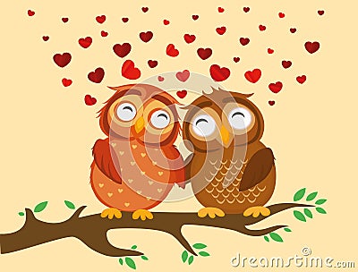 A pair of cute owlet sitting on a branch. Owls in love hearts Cartoon Illustration