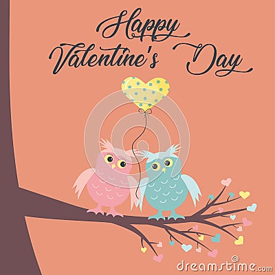 A pair of cute owls in love is sitting on the branch. A balloon in the form of a heart is between them Vector Illustration