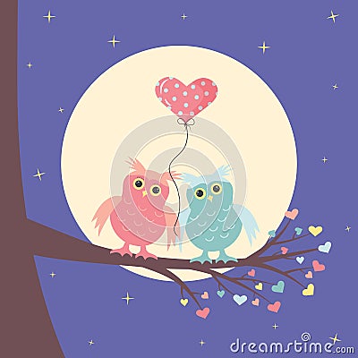 A pair of cute owls in love is sitting on the branch. The moon and stars are behind and a balloon in the form of a heart is Vector Illustration