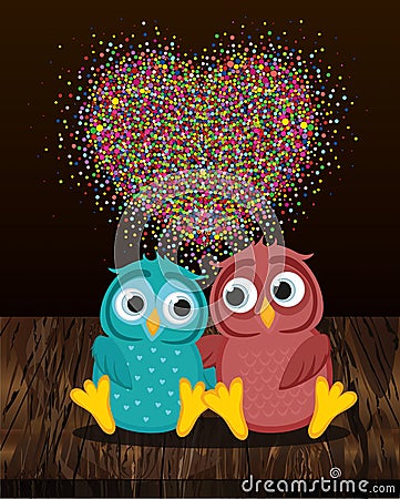 A pair of cute owls in love. Vector on wooden background. Colorful confetti in the form of heart. Greeting card or invitation for Stock Photo