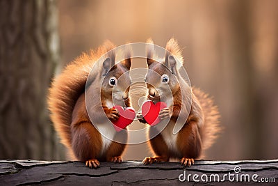 Pair of cute squirrels holding red hearts Stock Photo