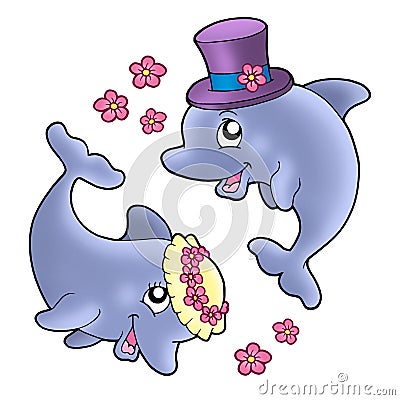 Pair of cute wedding dolphins Cartoon Illustration