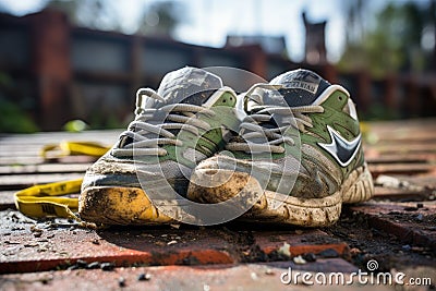 A pair of dirty shoes left on top of a street, abandoned and forgotten, telling a story of neglect, Close up of well-worn running Stock Photo