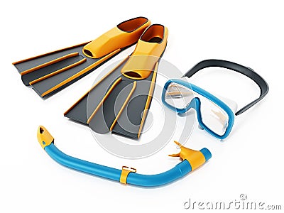 A pair of diving fins and snorkel isolated on white background. 3D illustration Cartoon Illustration