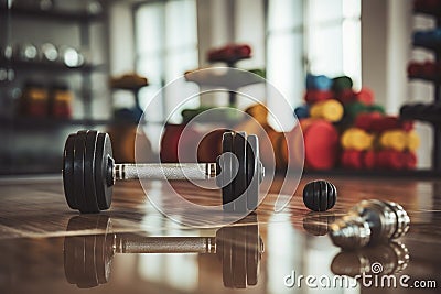A pair of dumbs placed on a wooden floor, creating a simple and minimalist composition, Close-up of dumbbells and fitness Stock Photo