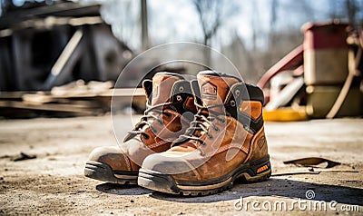 A Pair of Durable Work Boots Resting on the Ground Stock Photo