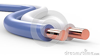 Pair of electrical cable wires with white and blue insulation isolated 3d illustration Stock Photo