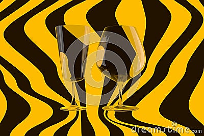 Pair of empty wine glasses and wine on the stripped background. 3d illustration Cartoon Illustration