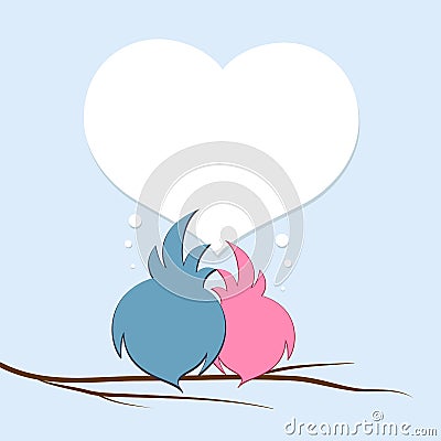 A pair of enamored birds on a tree branch against the background of the heart Creative Valentine`s Day poster template Vector Illustration