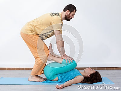 Pair exercises. Massage. Stock Photo