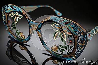 pair of eyeglasses with intricate, hand-painted design Stock Photo