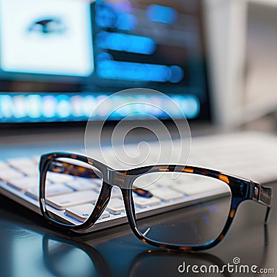 A pair of eyeglasses rest on a computer keyboard in front of a blurred computer screen. The eyeglasses have a Stock Photo