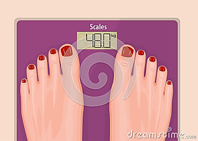 A pair of feet on a bathroom scale_Pink scales and red nails Vector Illustration